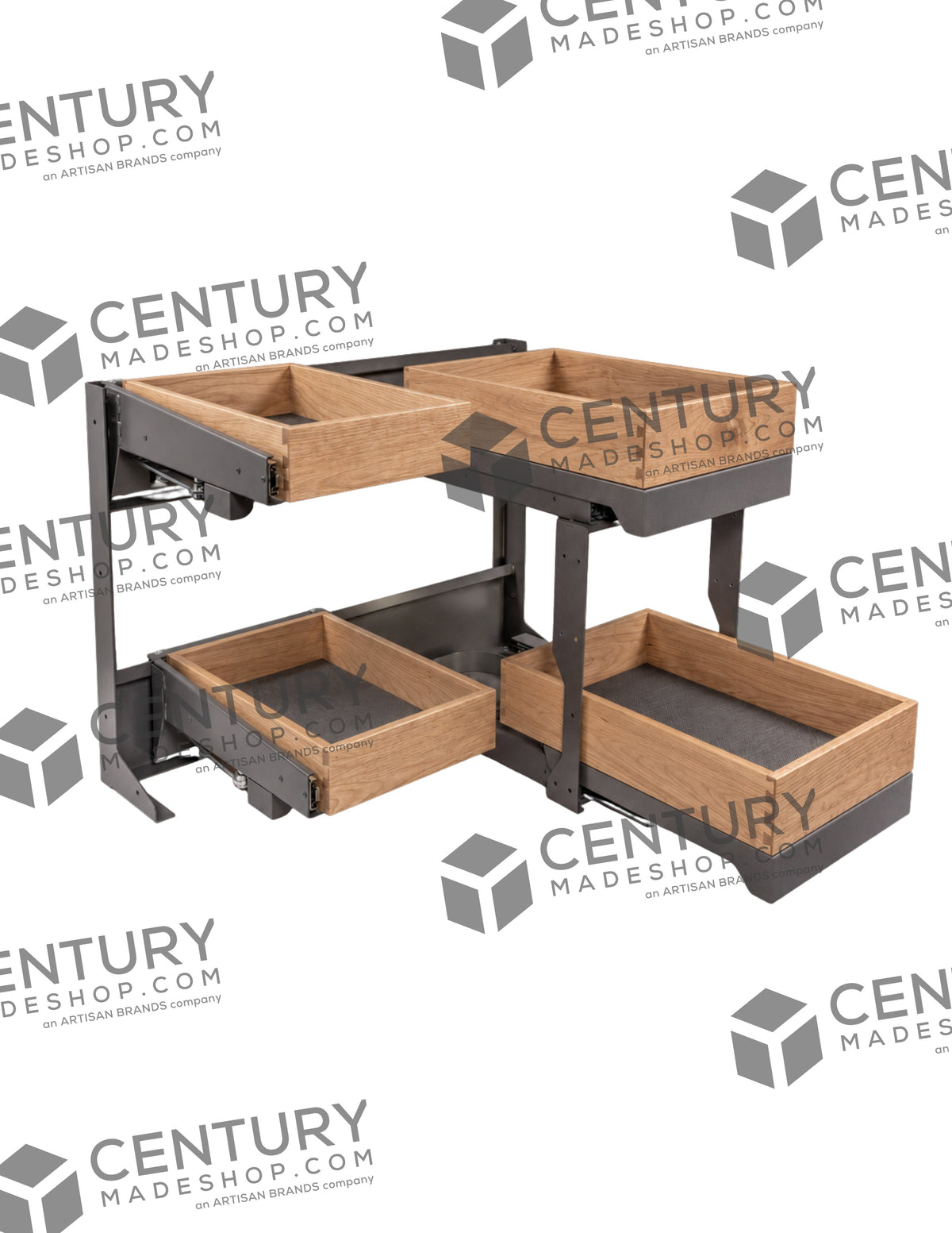Century Components Alina Series Reveal Blind Corner Pullout, white oak drawers on a grey steel frame (14 1/2 inch model shown)