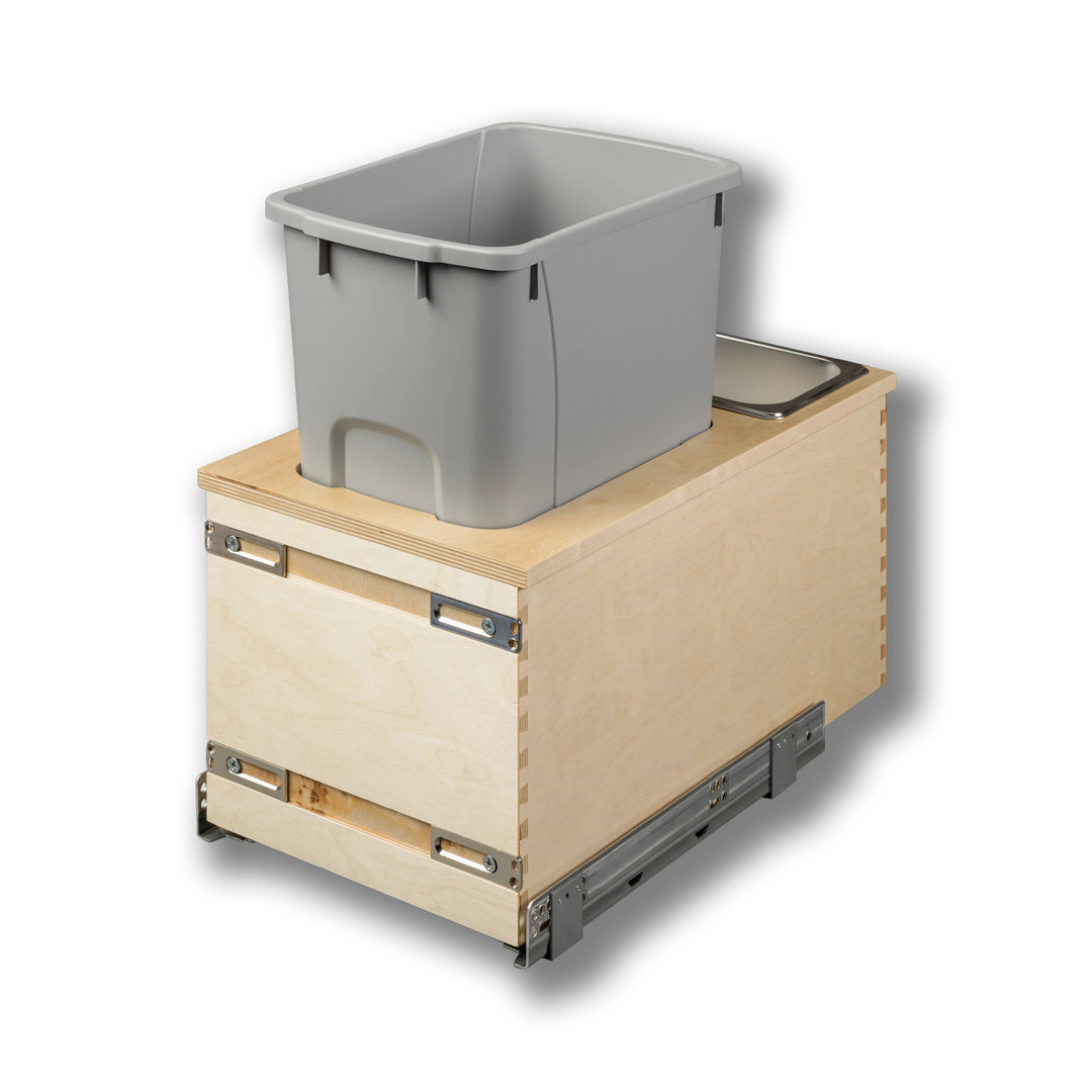 12" Cascade Series Bottom Mount Waste Container, 34 Quart Gray in Baltic birch, studio view 2