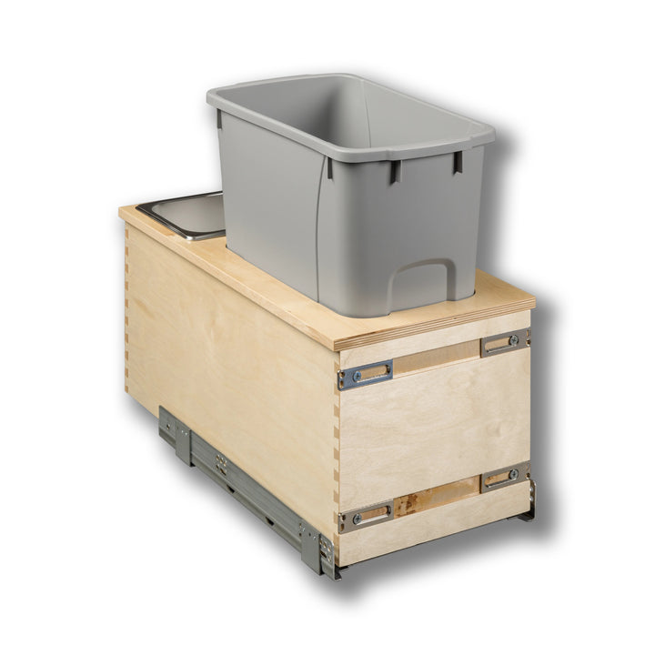 12" Cascade Series Bottom Mount Waste Container, 34 Quart Gray in Baltic birch, studio view 3