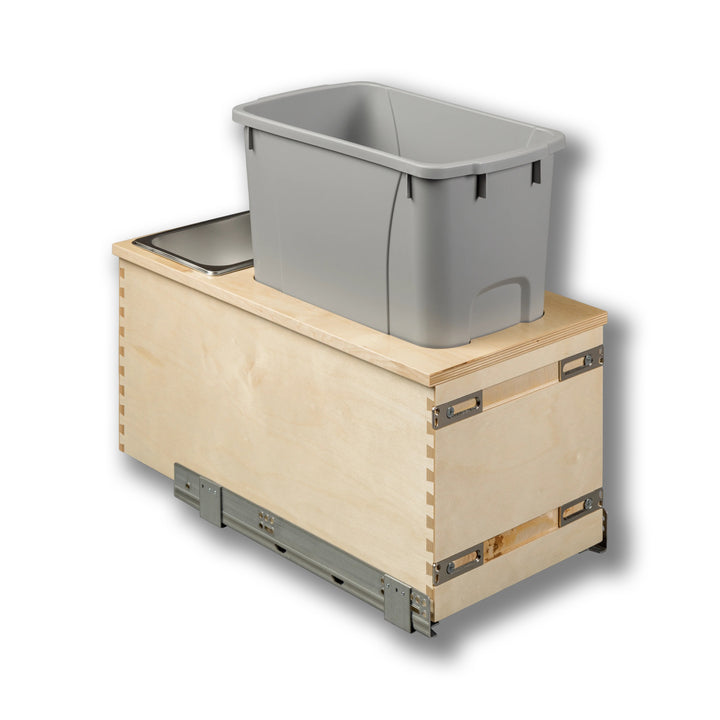 12" Cascade Series Bottom Mount Waste Container, 34 Quart Gray in Baltic birch, studio view 4