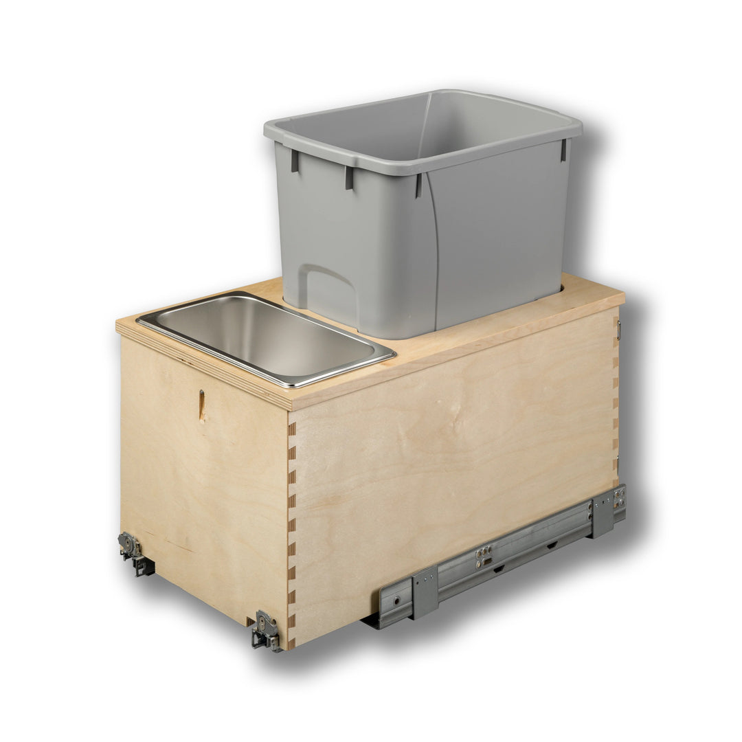 12" Cascade Series Bottom Mount Waste Container, 34 Quart Gray in Baltic birch, studio view 5