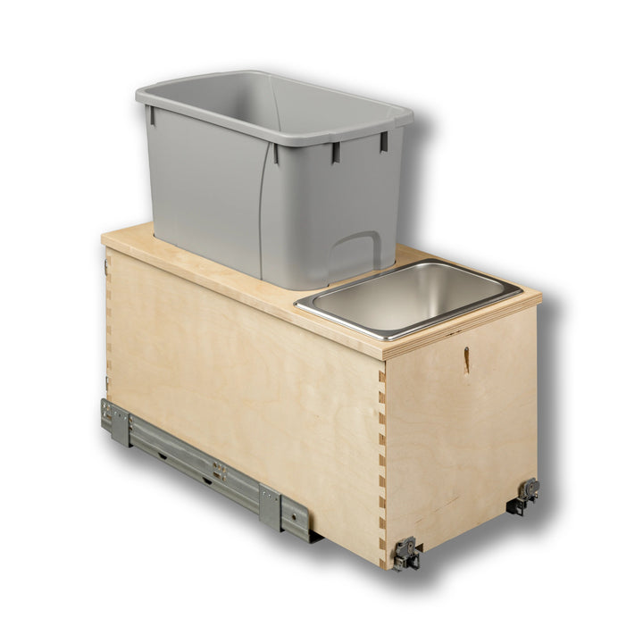 12" Cascade Series Bottom Mount Waste Container, 34 Quart Gray in Baltic birch, studio view 6