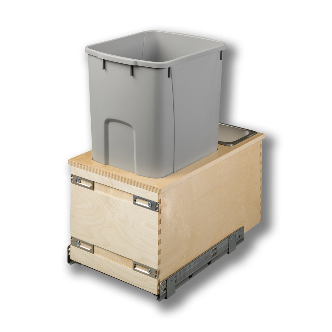 12" Cascade Series Bottom Mount Waste Container, 50 Quart Gray in Baltic birch, studio view 2