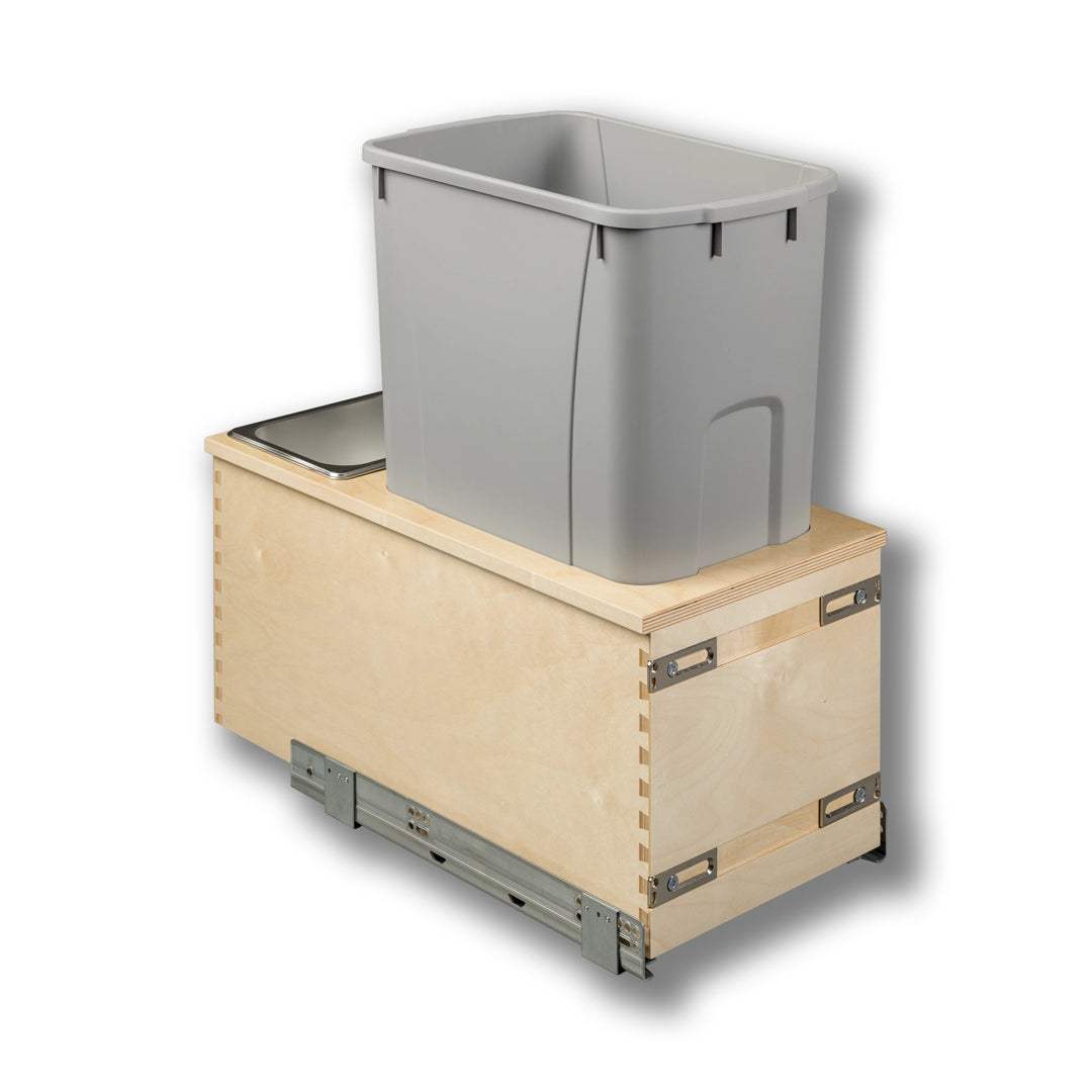 12" Cascade Series Bottom Mount Waste Container, 50 Quart Gray in Baltic birch, studio view 4