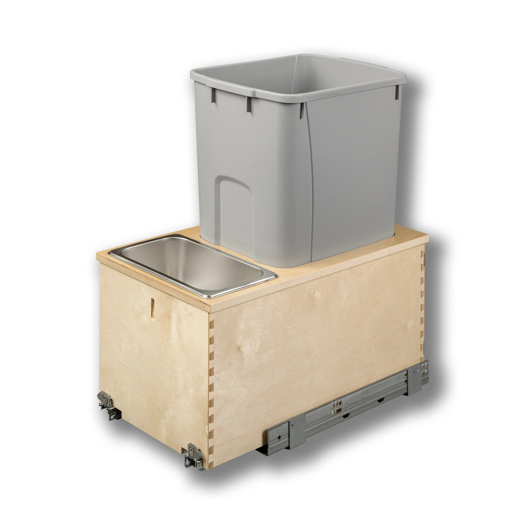 12" Cascade Series Bottom Mount Waste Container, 50 Quart Gray in Baltic birch, studio view 5