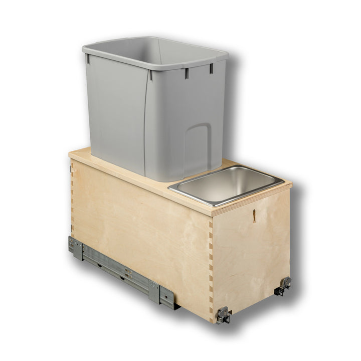 12" Cascade Series Bottom Mount Waste Container, 50 Quart Gray in Baltic birch, studio view 6