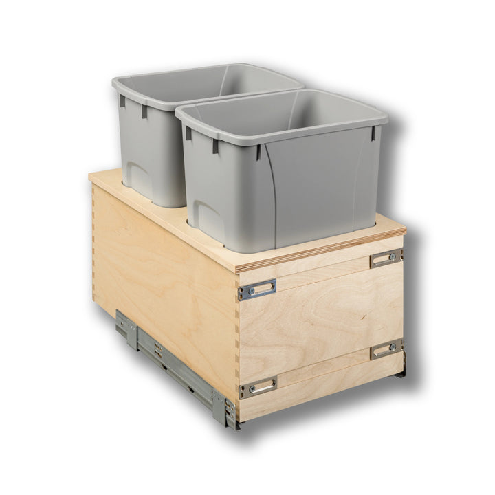 15" Cascade Series Bottom Mount Waste Container, 34 Quart Gray in Baltic birch, studio view 3