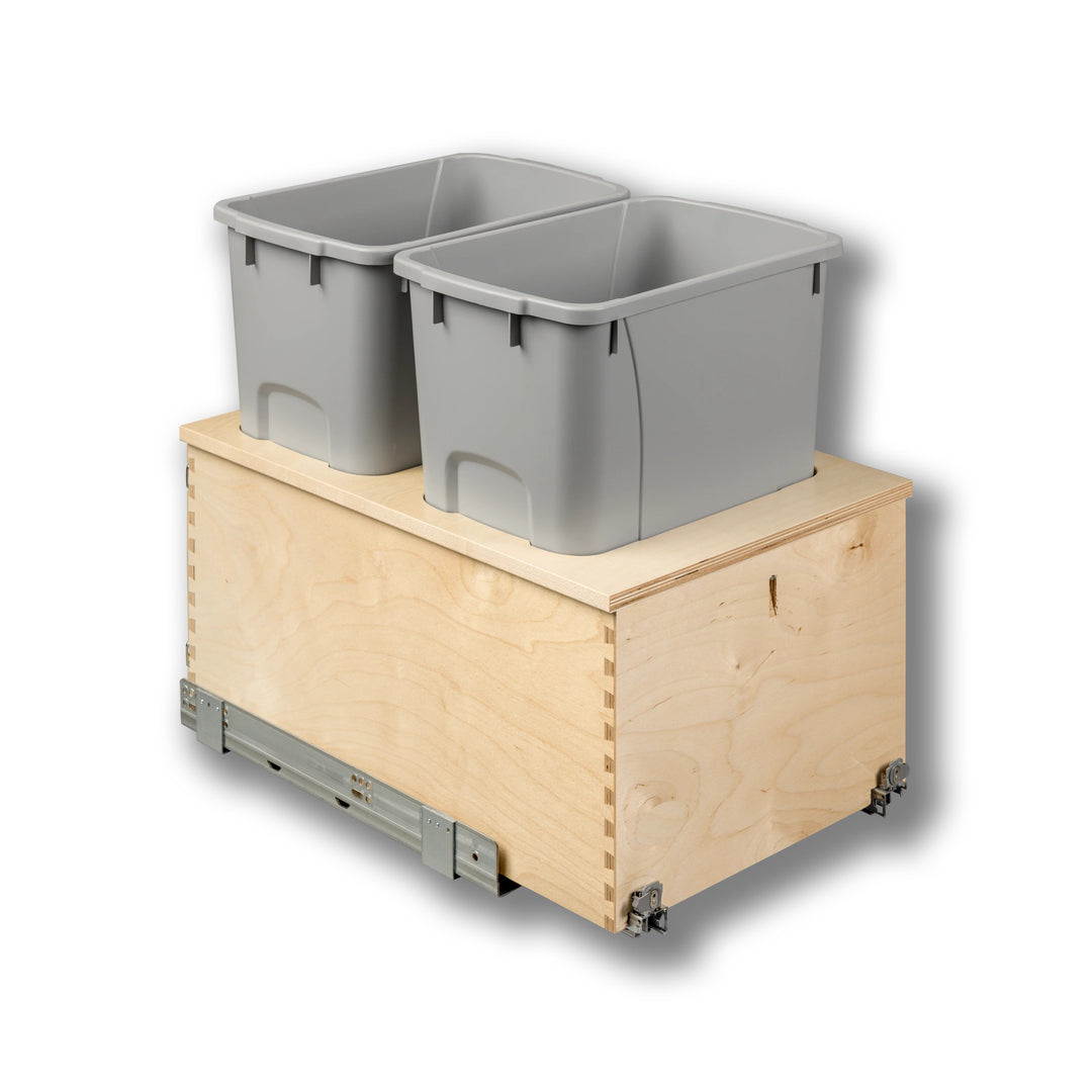 15" Cascade Series Bottom Mount Waste Container, 34 Quart Gray in Baltic birch, studio view 6
