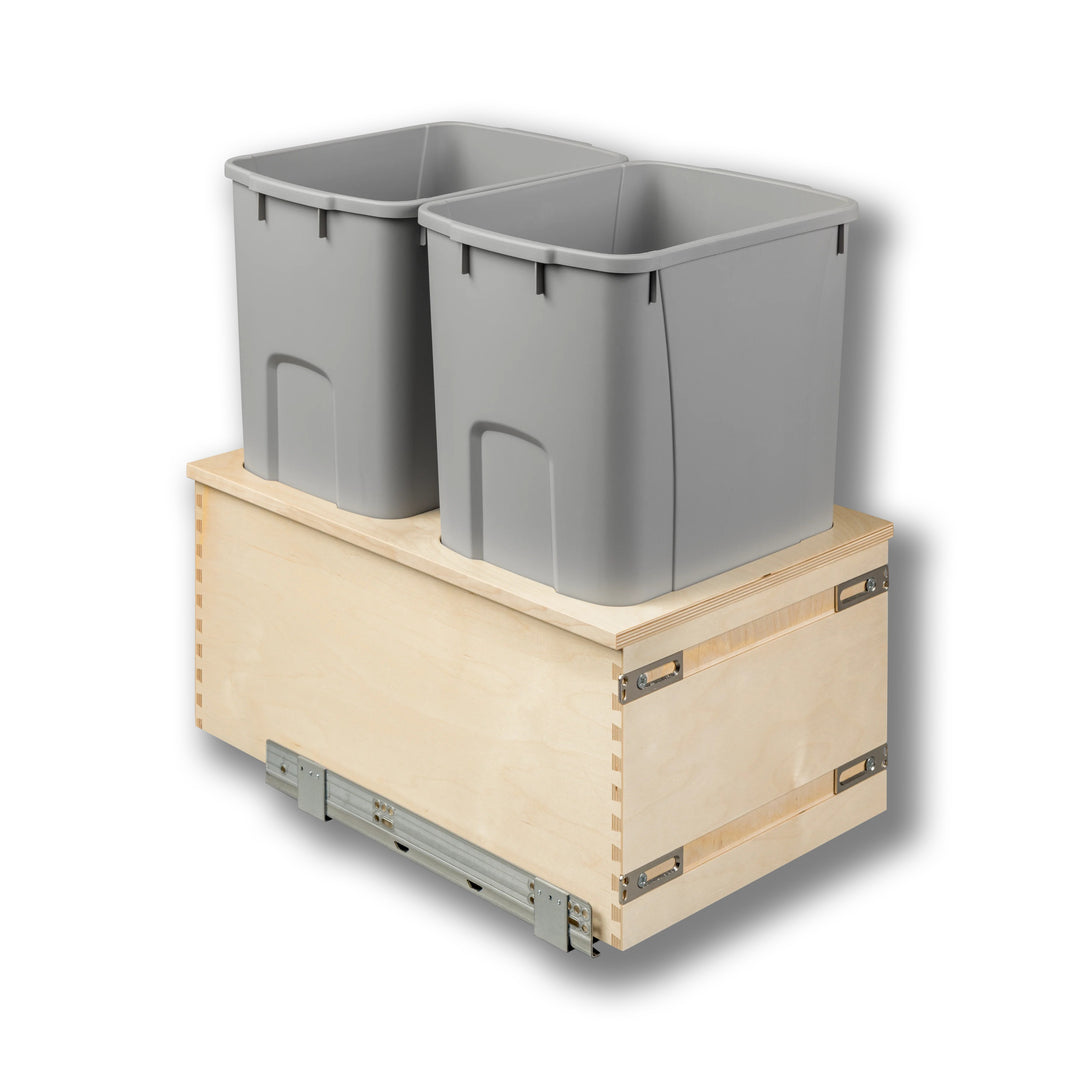 15" Cascade Series Bottom Mount Waste Container, 50 Quart Gray in Baltic birch, studio view 3