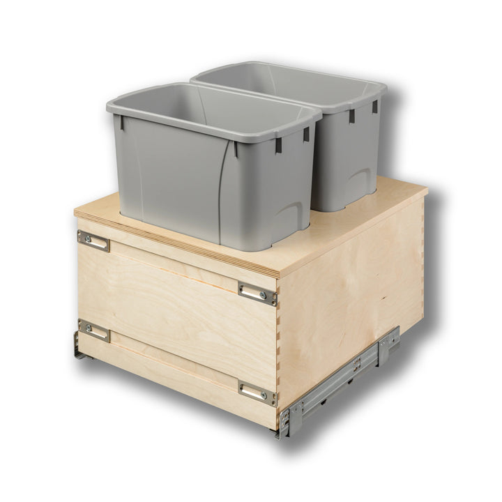 18" Cascade Series Bottom Mount Waste Container, 34 Quart Gray in Baltic birch, studio view 2
