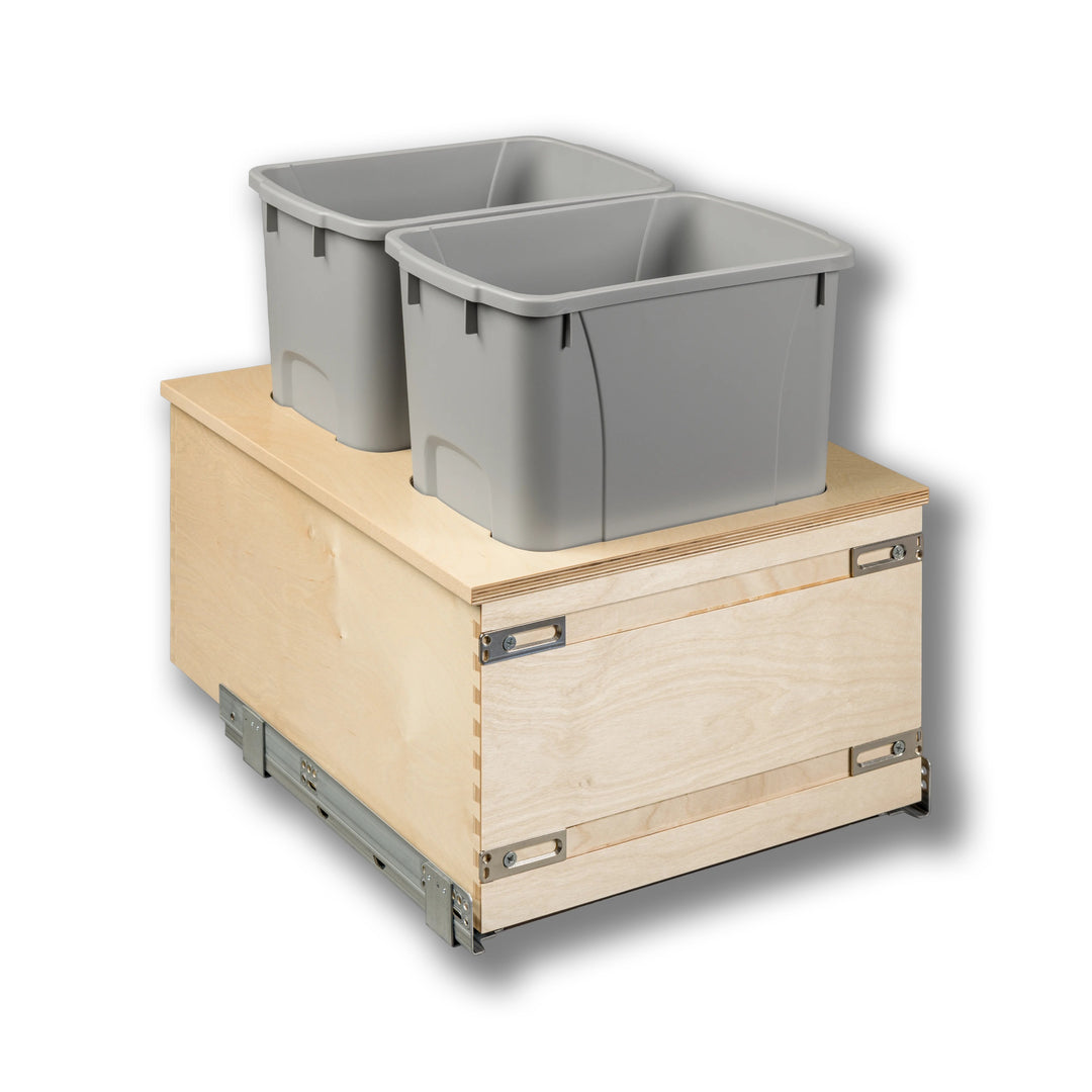 18" Cascade Series Bottom Mount Waste Container, 34 Quart Gray in Baltic birch, studio view 3