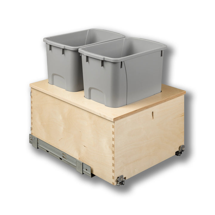 18" Cascade Series Bottom Mount Waste Container, 34 Quart Gray in Baltic birch, studio view 6