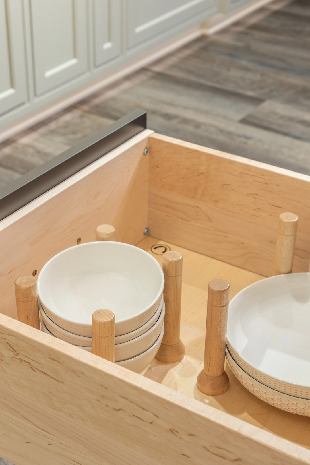 21" MagnaBase Deep Drawer Organizer installed in a kitchen cabinet