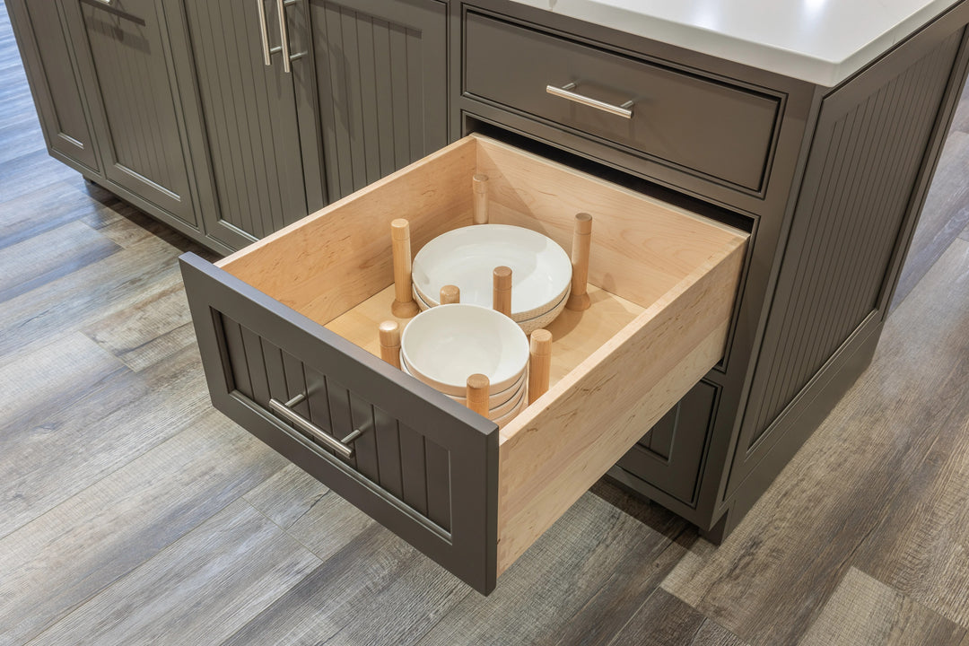21" MagnaBase Deep Drawer Organizer installed in a kitchen cabinet