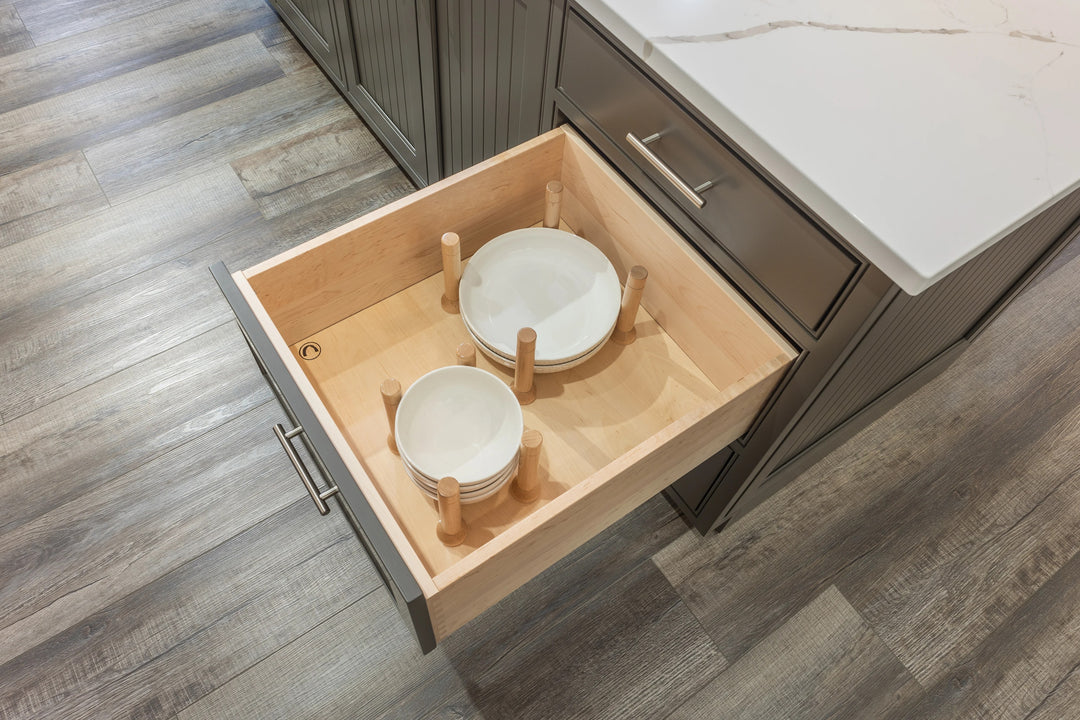 21" MagnaBase Deep Drawer Organizer installed in a kitchen cabinet