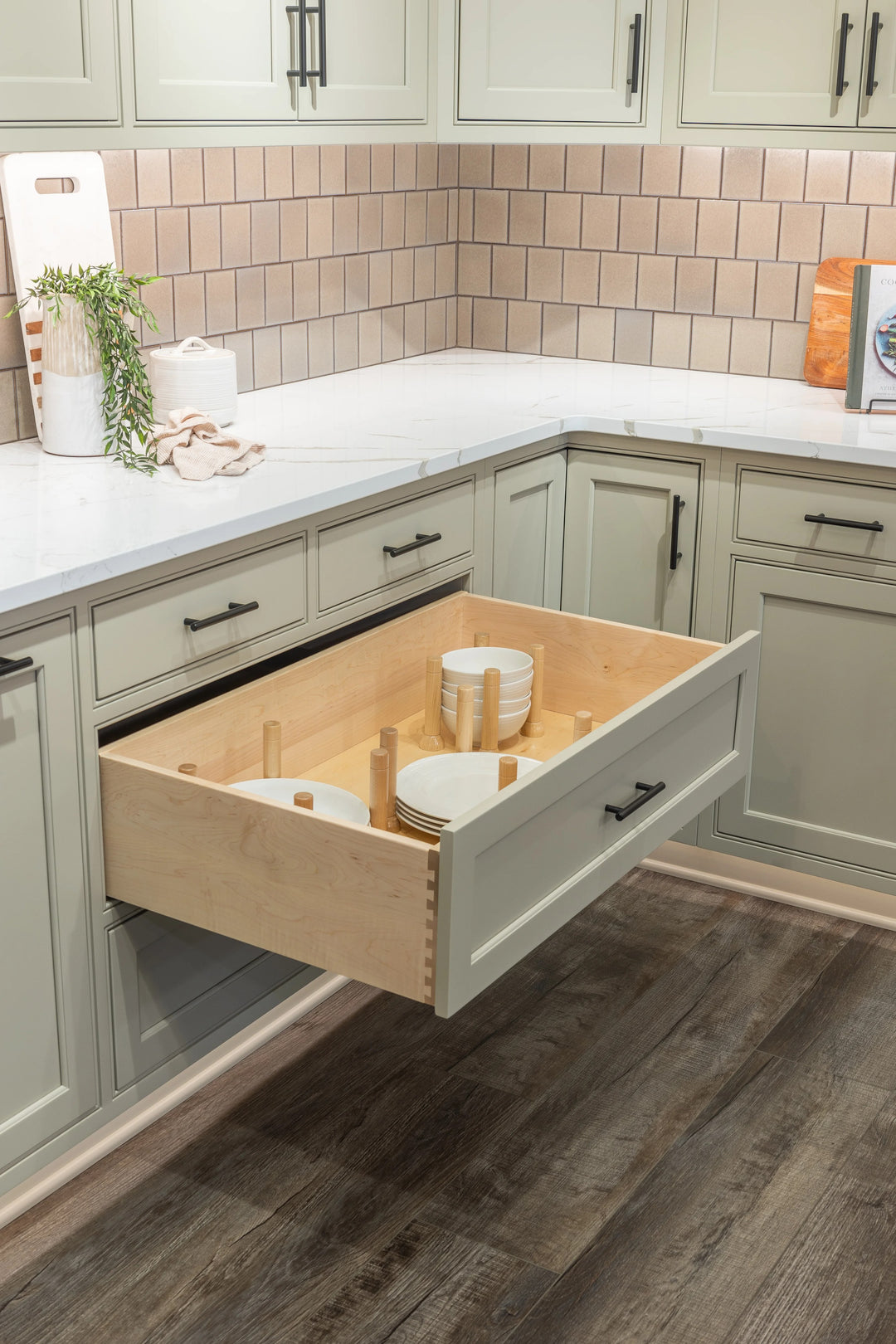 33" MagnaBase Deep Drawer Organizer installed in a kitchen cabinet