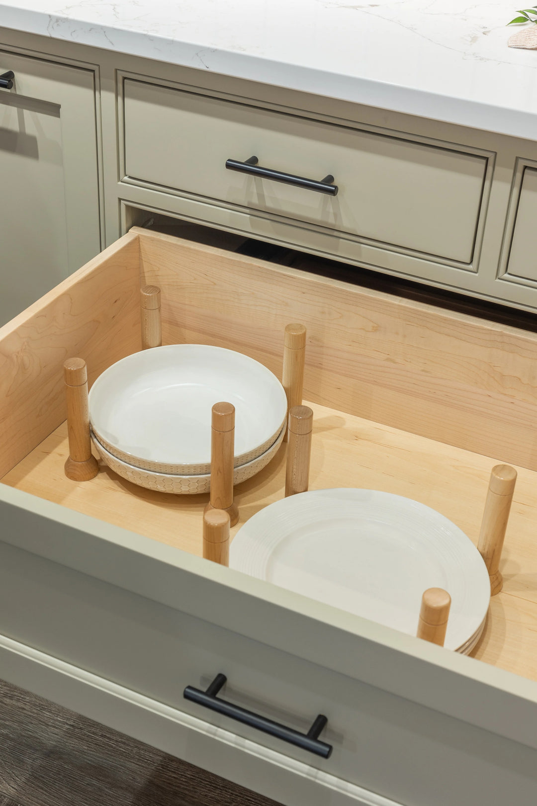 33" MagnaBase Deep Drawer Organizer installed in a kitchen cabinet
