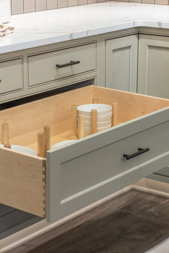 33" MagnaBase Deep Drawer Organizer installed in a kitchen cabinet