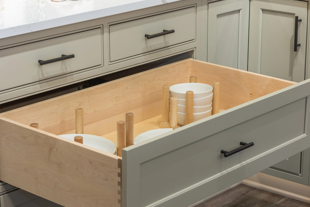 33" MagnaBase Deep Drawer Organizer installed in a kitchen cabinet