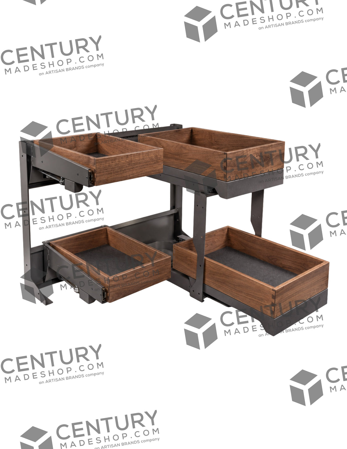 Century Components Riviera Series Reveal Blind Corner Pullout, walnut drawers on a grey steel frame (14 1/2 inch model shown)