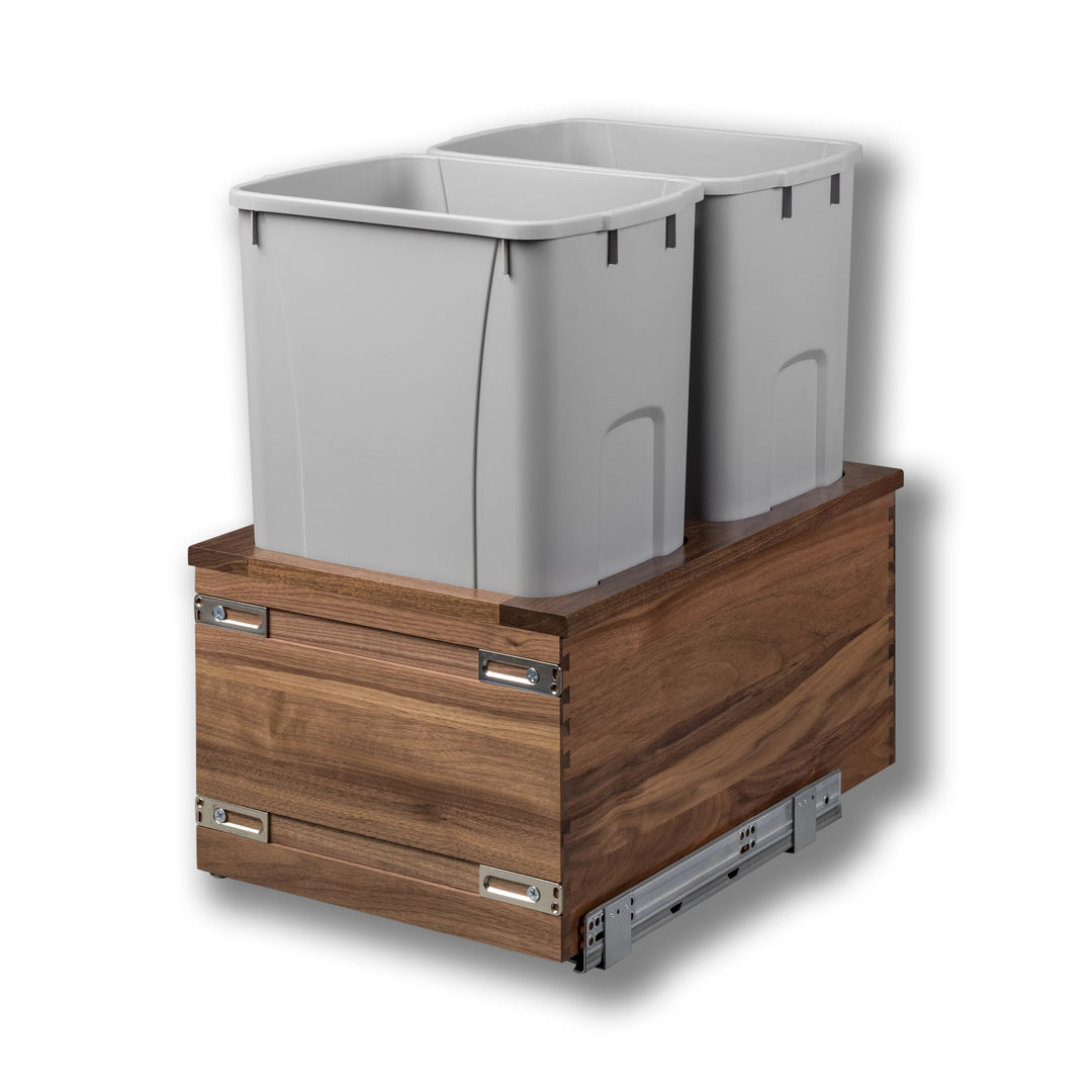 14 1/2" Riviera Series 50 Quart Gray Bottom Mount Waste Container - Walnut, studio view 2