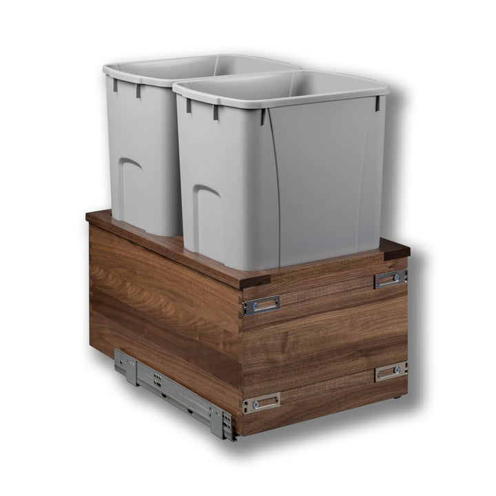 14 1/2" Riviera Series 50 Quart Gray Bottom Mount Waste Container - Walnut, studio view 3