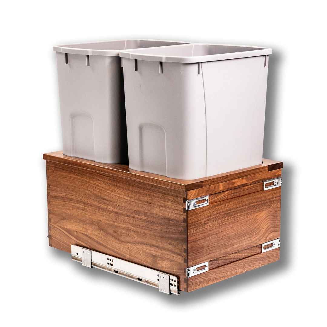 14 1/2" Riviera Series 50 Quart Gray Bottom Mount Waste Container - Walnut, studio view 6