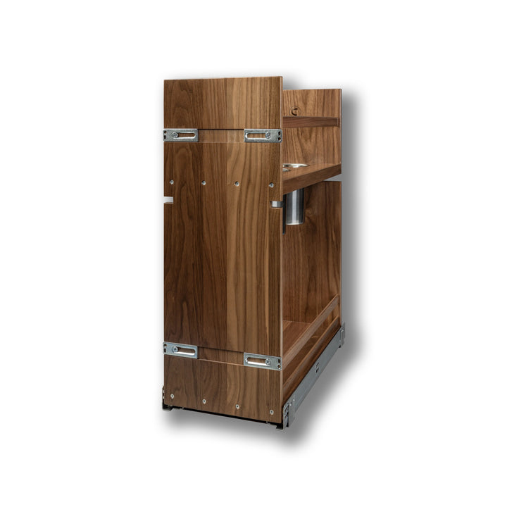 10 1/2" Riviera Series Pull-Out Canister Organizer Frameless in walnut, studio view 3
