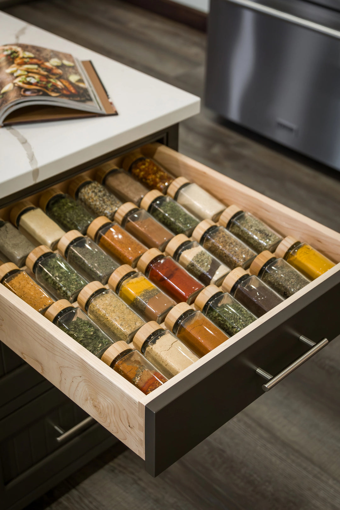 21" Spice Drawer Organizer Insert installed in a kitchen cabinet