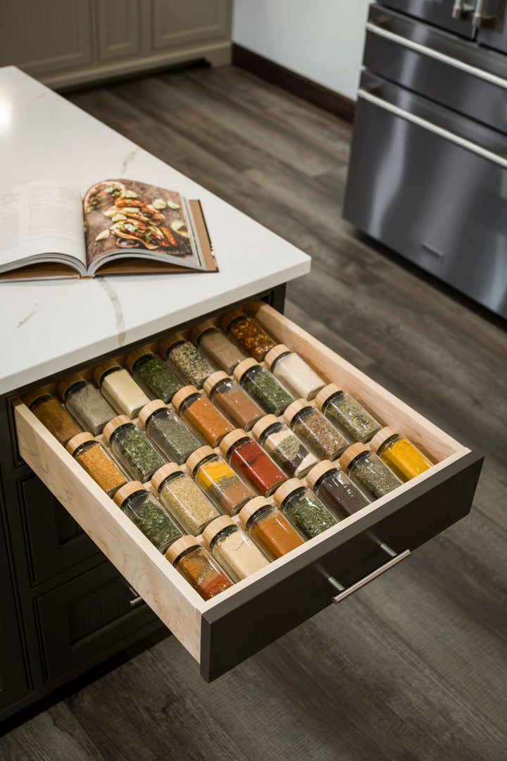 21" Spice Drawer Organizer Insert installed in a kitchen cabinet