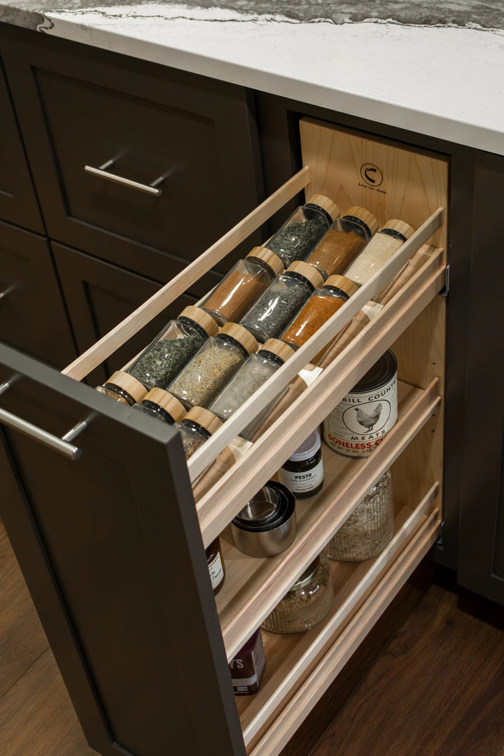 9" Spice Drawer Organizer Insert installed in a kitchen cabinet