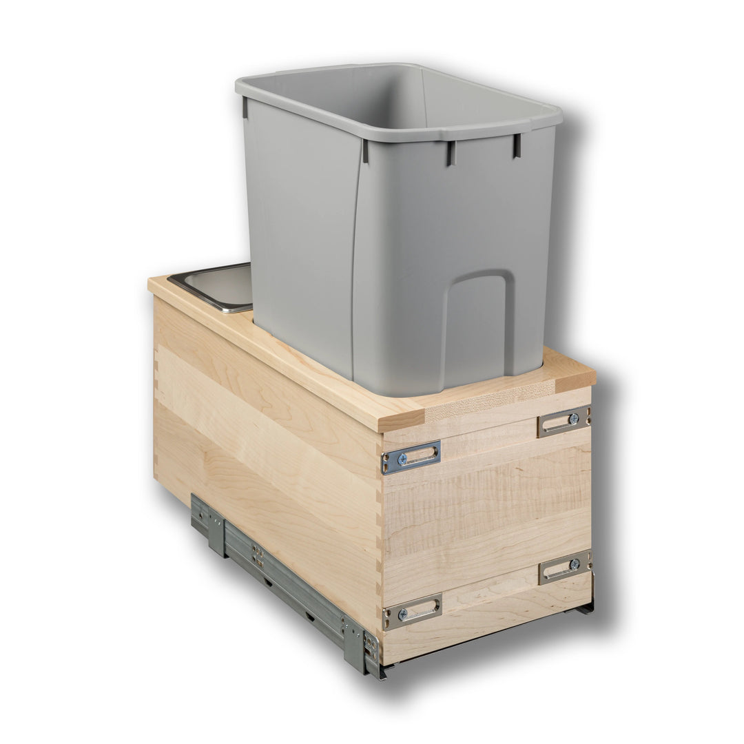 12" Signature Series 50 Quart Gray Bottom Mount Waste Container in maple, studio view 3