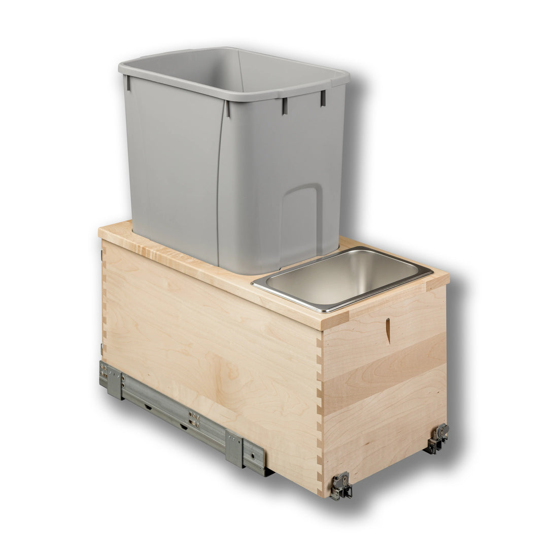 12" Signature Series 50 Quart Gray Bottom Mount Waste Container in maple, studio view 6