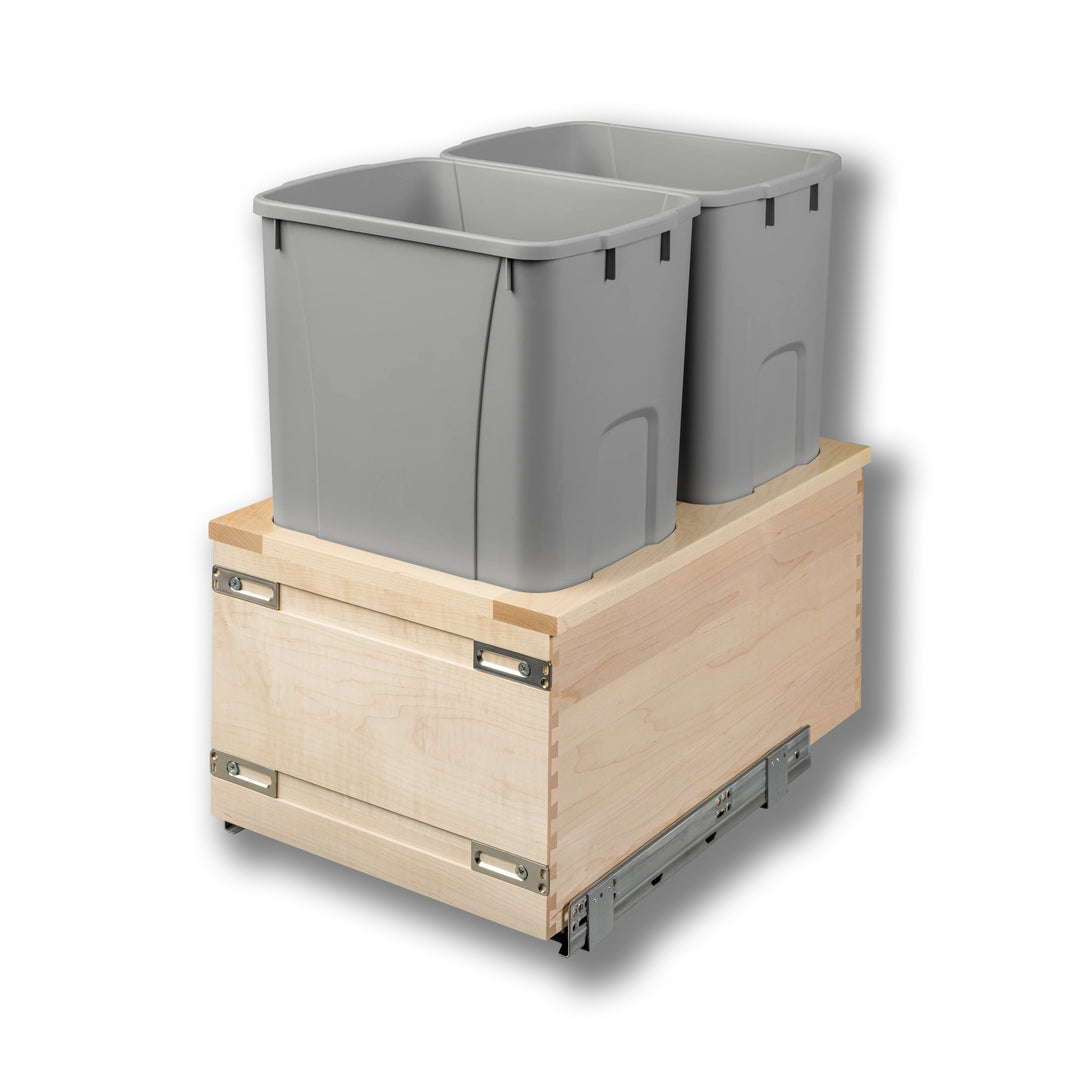 15" Signature Series 50 Quart Gray Bottom Mount Waste Container in maple, studio view 2