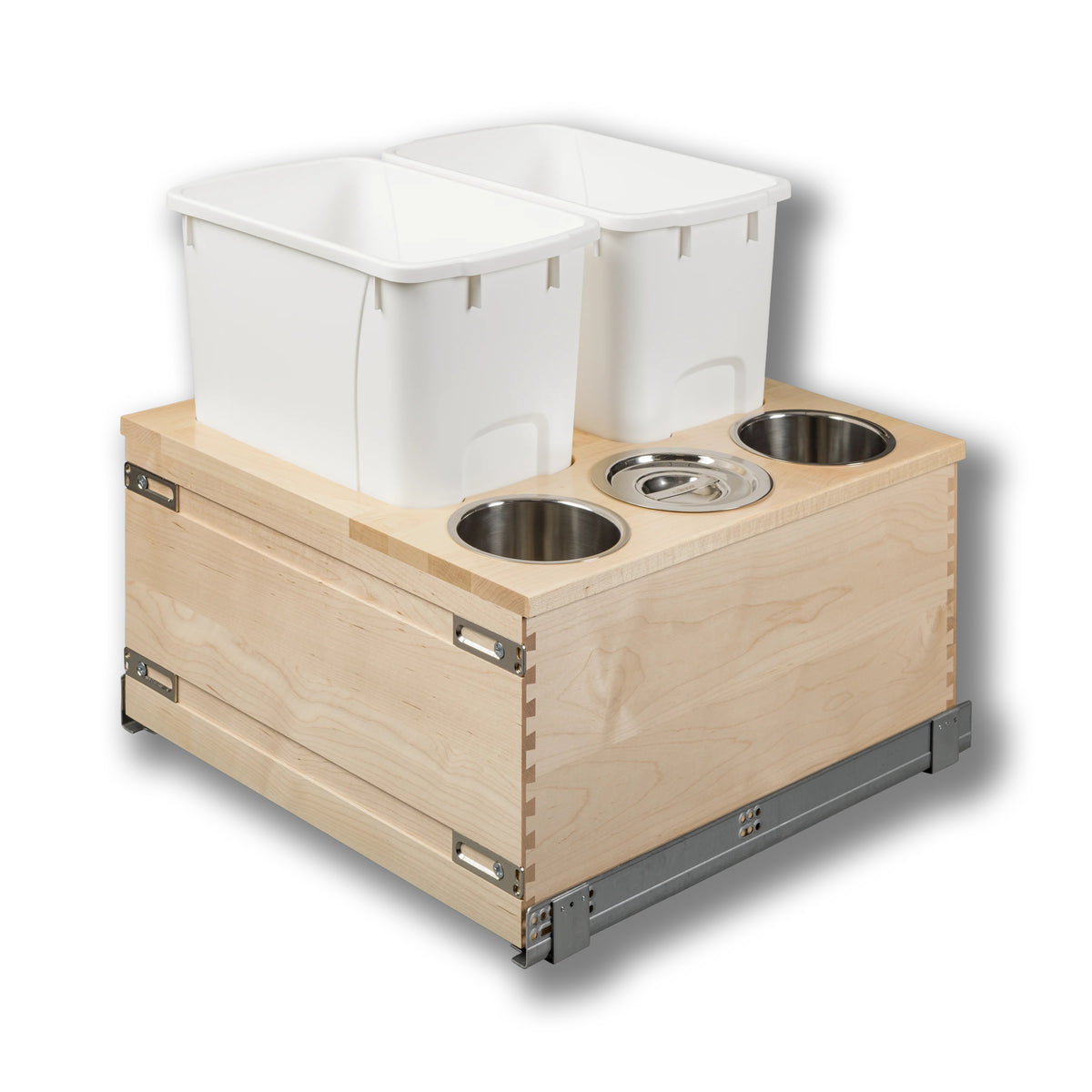 Signature 21" Soft Close Bottom Mount 34 Quart Double Pullout Waste Container with 3 Side Canisters, 34 Quart White in maple