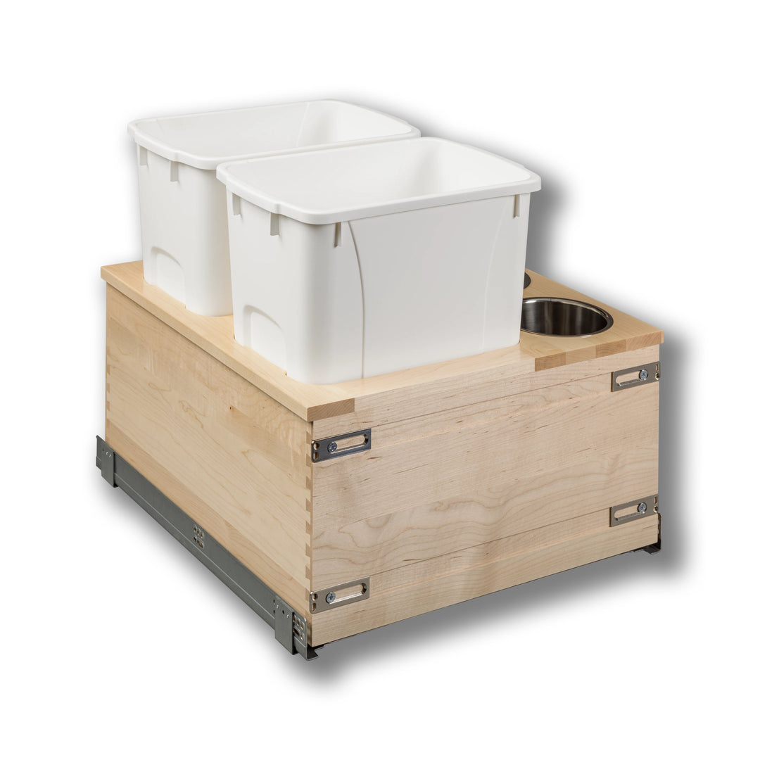 Signature 21" Soft Close Bottom Mount 34 Quart Double Pullout Waste Container with 3 Side Canisters, 34 Quart White in maple, studio view 2