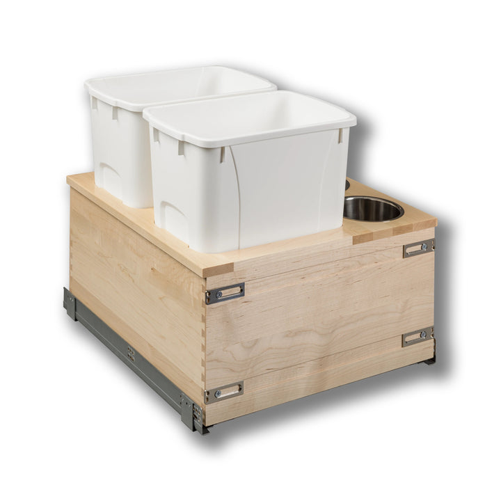 Signature 21" Soft Close Bottom Mount 34 Quart Double Pullout Waste Container with 3 Side Canisters, 34 Quart White in maple, studio view 2