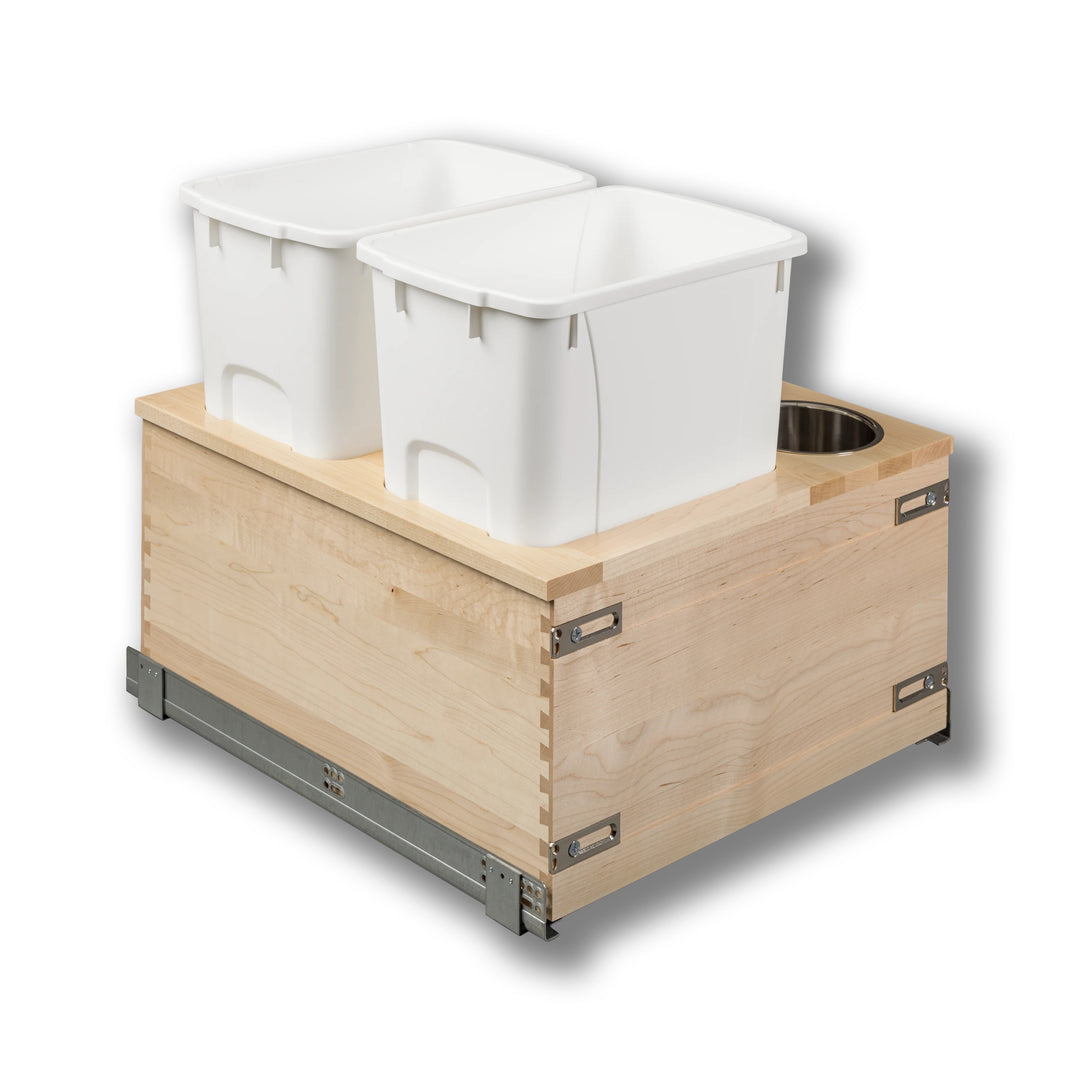 Signature 21" Soft Close Bottom Mount 34 Quart Double Pullout Waste Container with 3 Side Canisters, 34 Quart White in maple, studio view 3