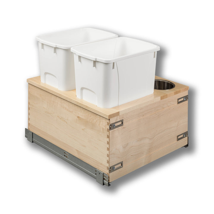 Signature 21" Soft Close Bottom Mount 34 Quart Double Pullout Waste Container with 3 Side Canisters, 34 Quart White in maple, studio view 3