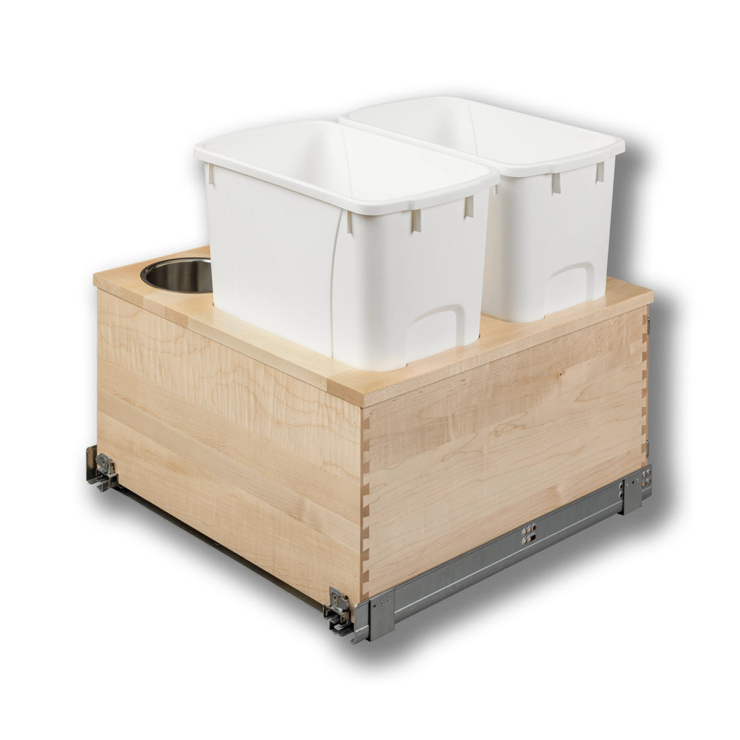 Signature 21" Soft Close Bottom Mount 34 Quart Double Pullout Waste Container with 3 Side Canisters, 34 Quart White in maple, studio view 4