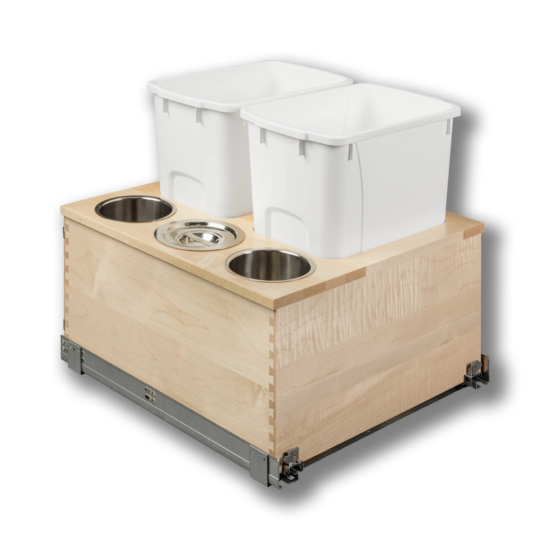 Signature 21" Soft Close Bottom Mount 34 Quart Double Pullout Waste Container with 3 Side Canisters, 34 Quart White in maple, studio view 5