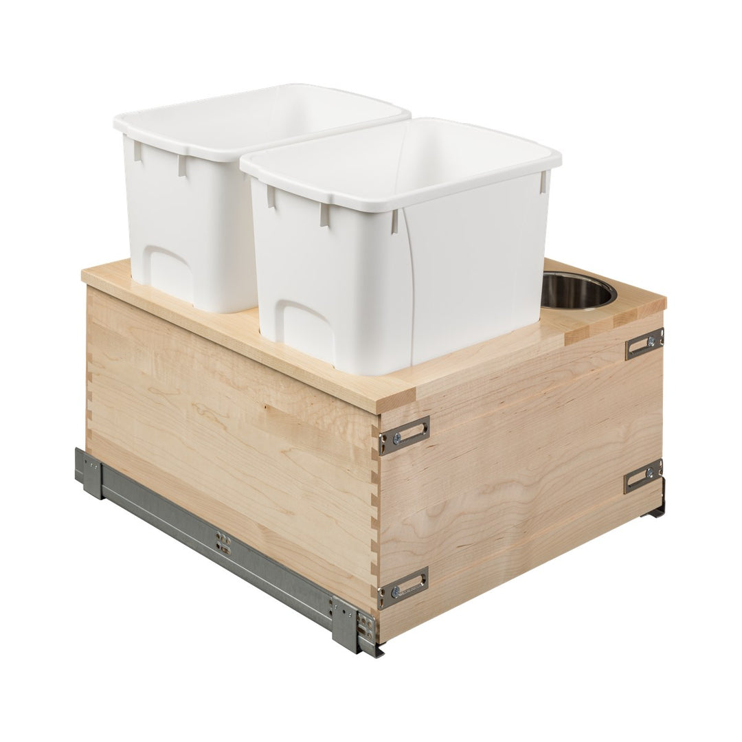 Signature 21" Soft Close Bottom Mount 34 Quart Double Pullout Waste Container with 3 Side Canisters, 34 Quart White in maple, studio view 6