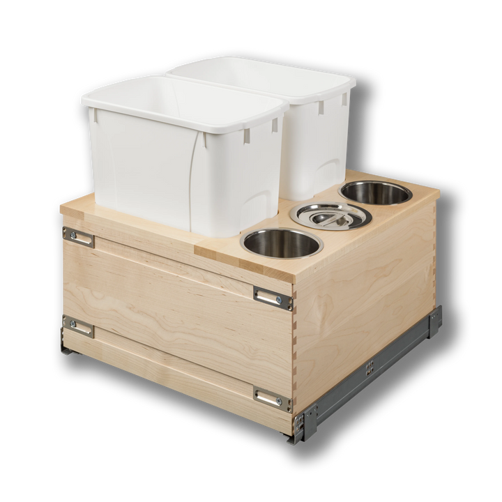Century Components Signature 21" Soft Close Bottom Mount 50 Quart Double Pullout Waste Container with 3 Side Canisters, 50 Quart White (SIGBM200-50PF)