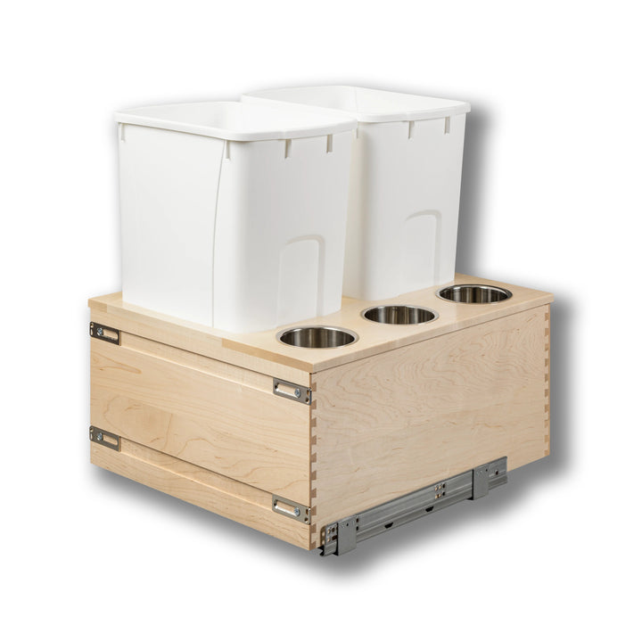 Signature 21" Soft Close Bottom Mount 50 Quart Double Pullout Waste Container with 3 Side Canisters, 50 Quart White in maple