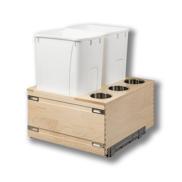 Signature 21" Soft Close Bottom Mount 50 Quart Double Pullout Waste Container with 3 Side Canisters, 50 Quart White in maple, studio view 2