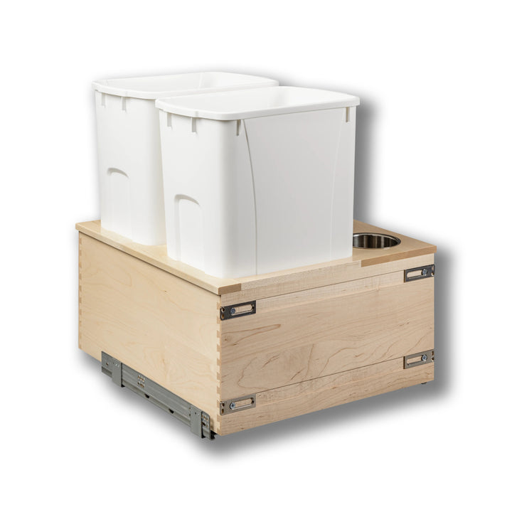 Signature 21" Soft Close Bottom Mount 50 Quart Double Pullout Waste Container with 3 Side Canisters, 50 Quart White in maple, studio view 3