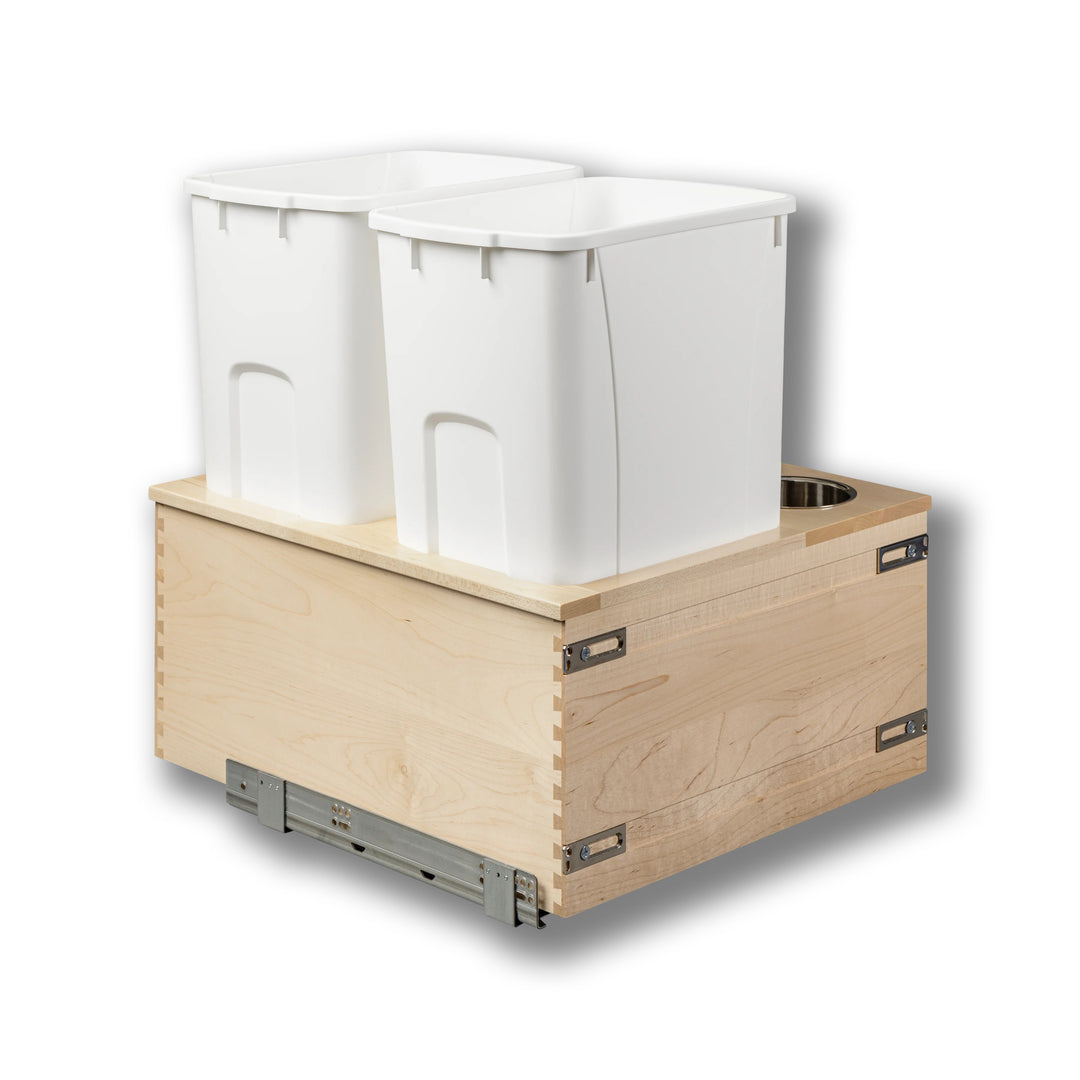 Signature 21" Soft Close Bottom Mount 50 Quart Double Pullout Waste Container with 3 Side Canisters, 50 Quart White in maple, studio view 4
