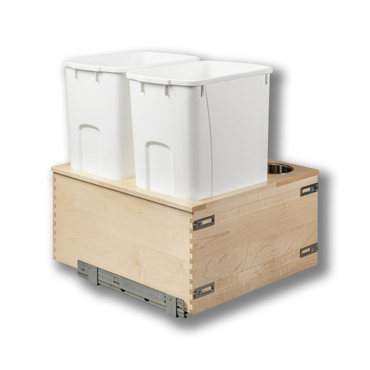 Signature 21" Soft Close Bottom Mount 50 Quart Double Pullout Waste Container with 3 Side Canisters, 50 Quart White in maple, studio view 4