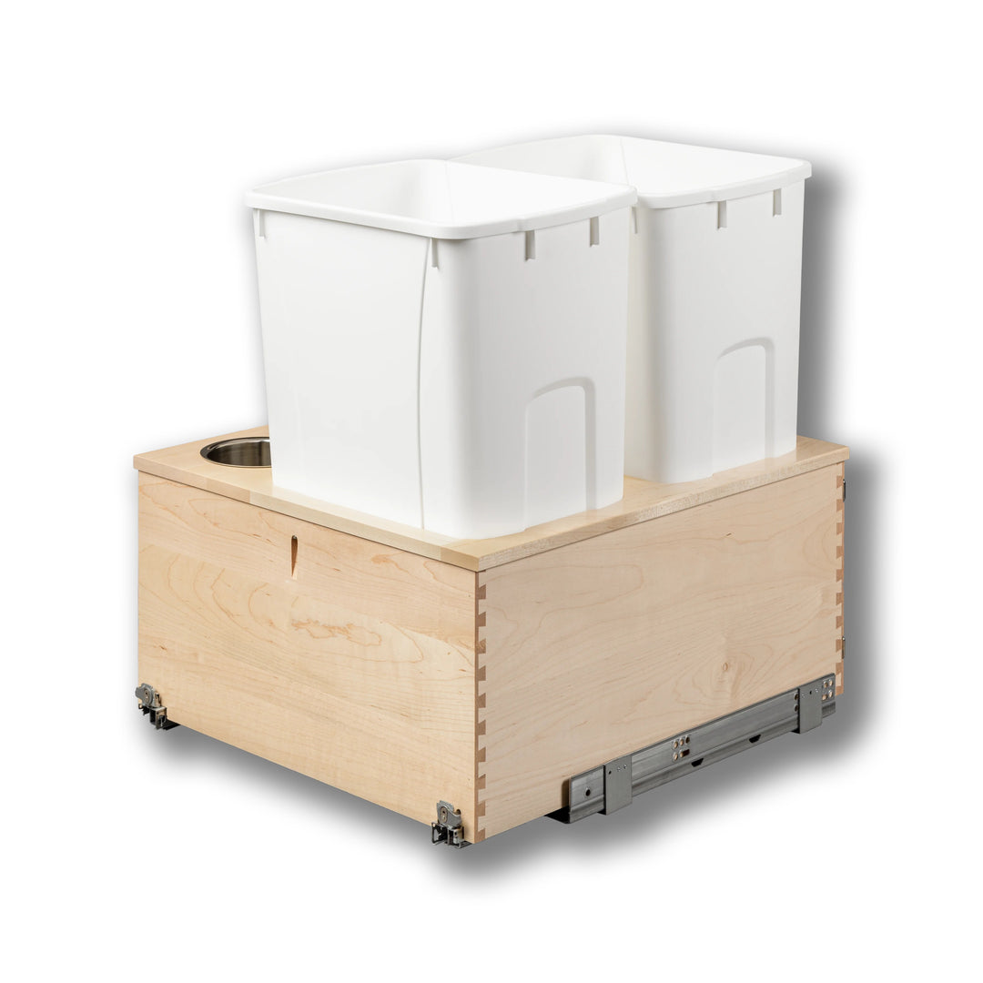 Signature 21" Soft Close Bottom Mount 50 Quart Double Pullout Waste Container with 3 Side Canisters, 50 Quart White in maple, studio view 5