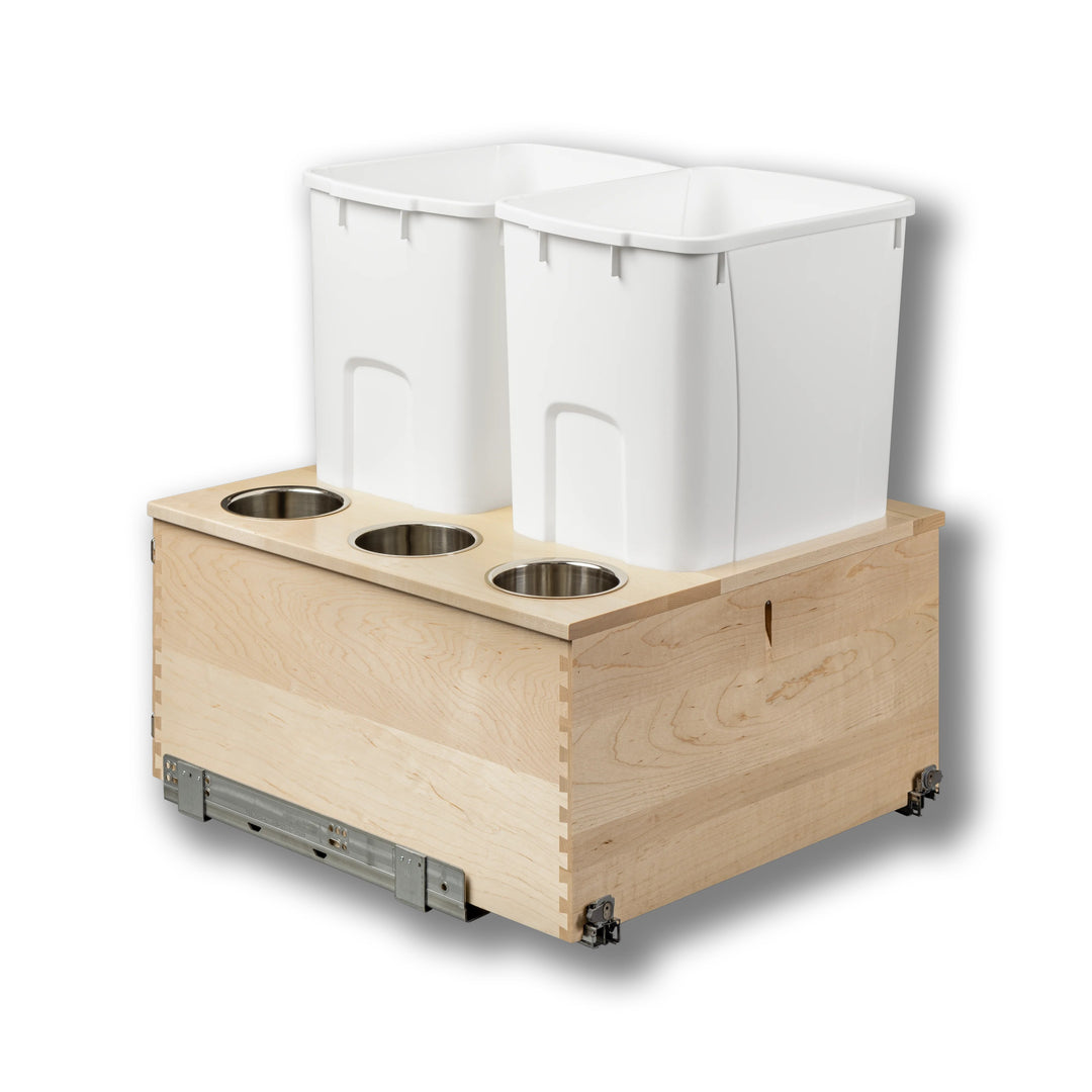 Signature 21" Soft Close Bottom Mount 50 Quart Double Pullout Waste Container with 3 Side Canisters, 50 Quart White in maple, studio view 6